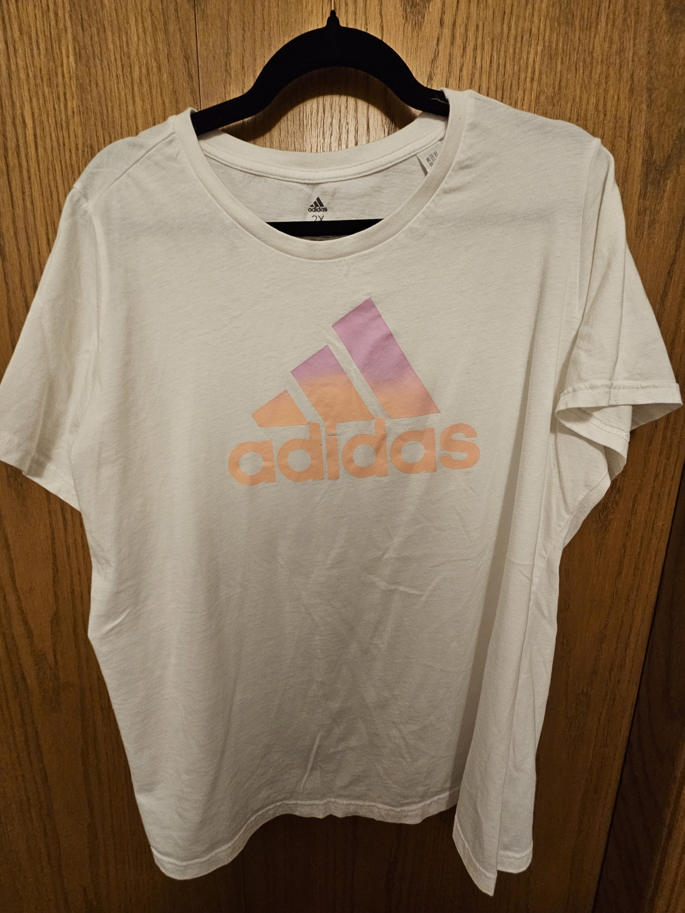Adidas White Tee with Pink-Orange Gradient Logo